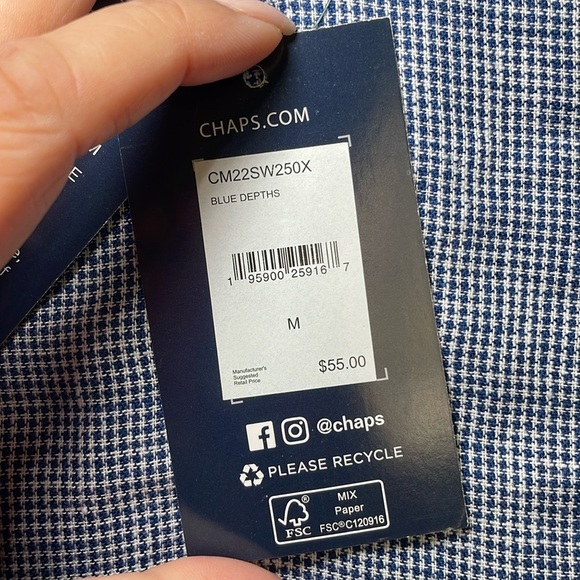 Chaps navy and white houndstooth button down linen blend shirt sz M - Picture 3 of 6